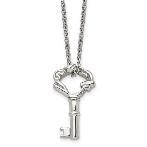 Stainless Steel Polished Fancy Key Necklace, 18"