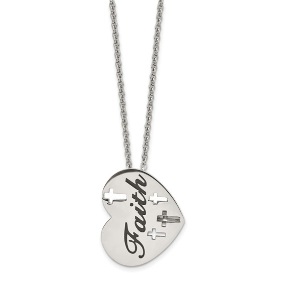 Chisel Stainless Steel Polished and Enameled FAITH Heart with Cross Cut out Pendnat on a 20 inch Cable Chain Necklace