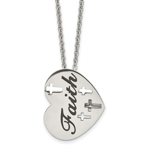 Chisel Stainless Steel Polished and Enameled Faith Heart Necklace with Cross Cut Out Pendnat on a Cable Chain, 20"