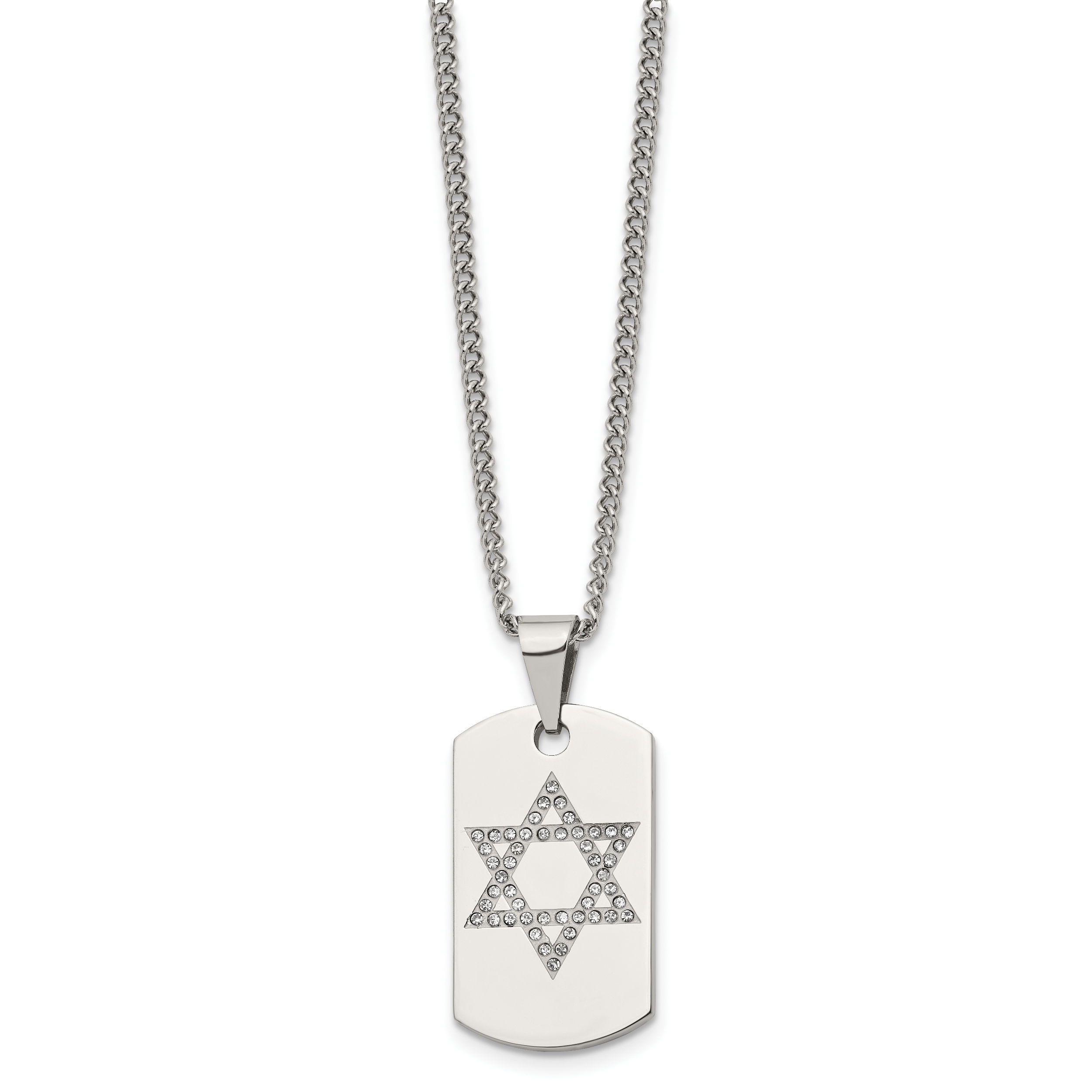 Shop4Silver Stainless Steel Star Of David Cz Dog Tag Polished Necklace 