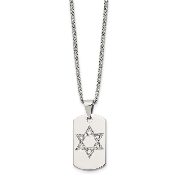 Chisel Stainless Steel Polished with CZ Star of David Dog Tag on a 22 inch Curb Chain Necklace