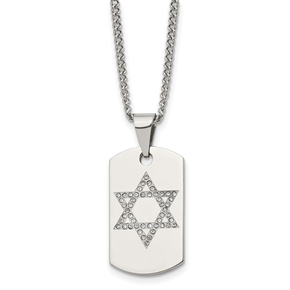 Stainless Steel Polished w/CZ Star of David Dog Tag 22in Necklace