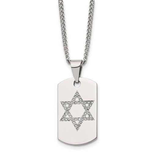Chisel Stainless Steel Polished Necklace with CZ Star of David Dog Tag on a Curb Chain, 22"