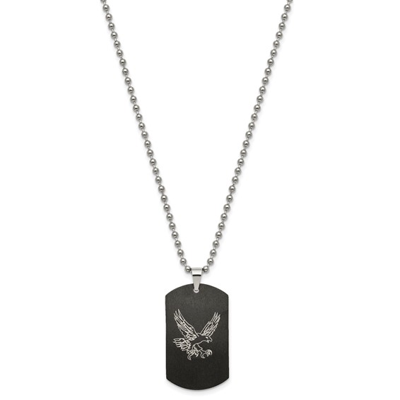 Chisel Stainless Steel Polished Black IP-plated with CZ Eagle Reversible Dog Tag on a 22 inch Ball Chain Necklace