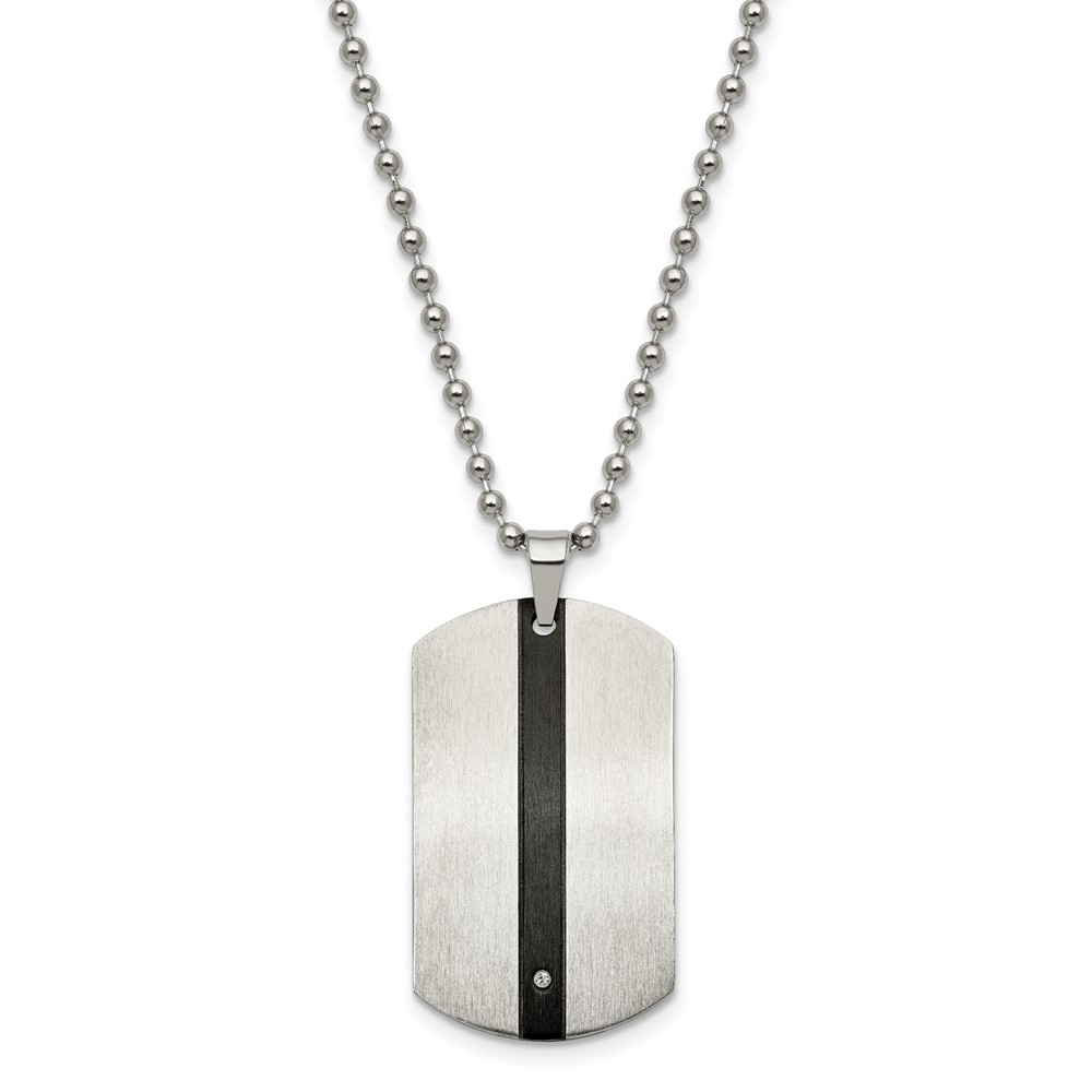 Stainless Steel Polished Black IP-plated w/CZ Eagle Dog Tag 22in Necklace