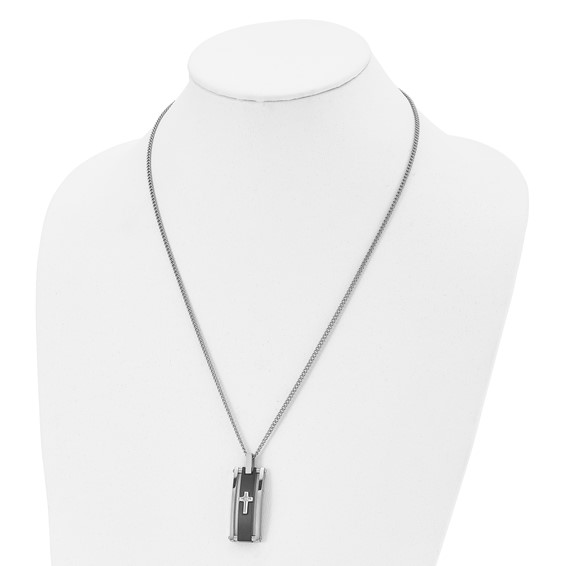 Chisel Stainless Steel Polished Black IP-plated with CZ Cross Pendant on a 22 inch Curb Chain Necklace