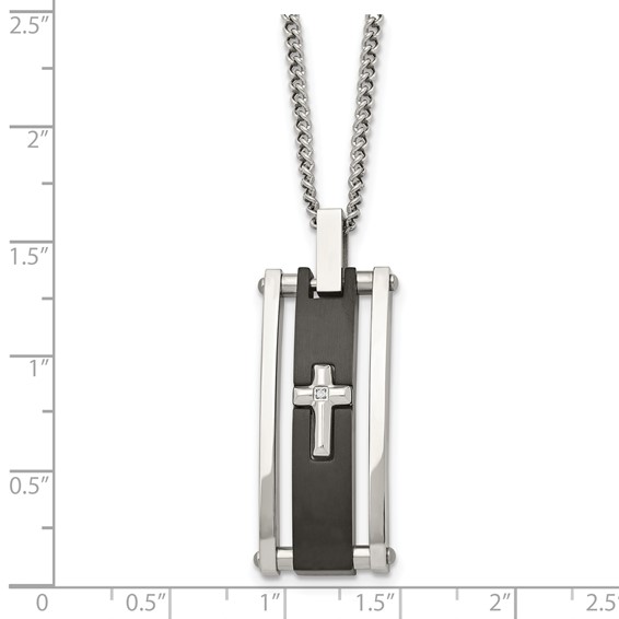 Chisel Stainless Steel Polished Black IP-plated with CZ Cross Pendant on a 22 inch Curb Chain Necklace