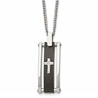Chisel Stainless Steel Polished Black IP-plated Necklace with CZ Cross Pendant on a Curb Chain, 22" view 1