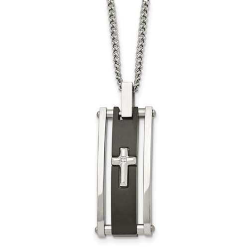 Chisel Stainless Steel Polished Black IP-plated Necklace with CZ Cross Pendant on a Curb Chain, 22"