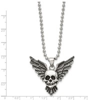 Chisel Stainless Steel Antiqued and Polished Skull Necklace with Wings Pendant on a Ball Chain, 22" view 3