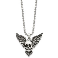 Chisel Stainless Steel Antiqued and Polished Skull Necklace with Wings Pendant on a Ball Chain, 22" view 1