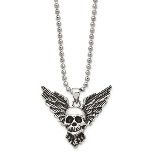 Chisel Stainless Steel Antiqued and Polished Skull Necklace with Wings Pendant on a Ball Chain, 22"