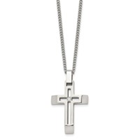 Chisel Stainless Steel Brushed and Polished Necklace with CZ Open Cross Pendant on a Cable Chain, 22" view 3