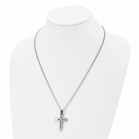 Chisel Stainless Steel Brushed and Polished Necklace with CZ Open Cross Pendant on a Cable Chain, 22" view 4