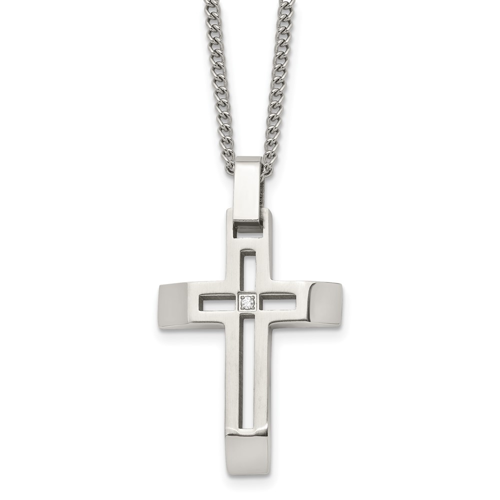Stainless Steel Brushed and Polished w/CZ Cross 22in Necklace