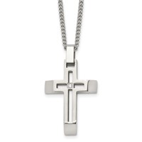 Chisel Stainless Steel Brushed and Polished Necklace with CZ Open Cross Pendant on a Cable Chain, 22" view 1