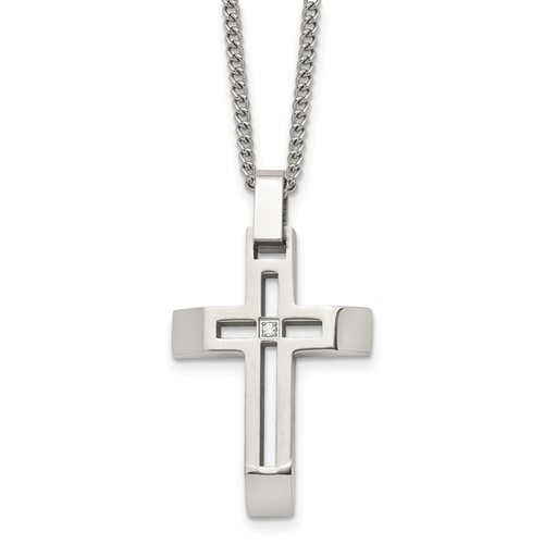 Chisel Stainless Steel Brushed and Polished Necklace with CZ Open Cross Pendant on a Cable Chain, 22"