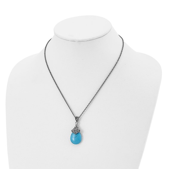 Stainless Steel Antiqued Simulated Turquoise Marcasite 18in Necklace