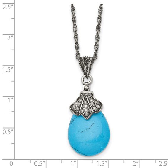 Stainless Steel Antiqued Simulated Turquoise Marcasite 18in Necklace