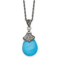Stainless Steel Antiqued Simulated Turquoise Marcasite Necklace, 18" view 1