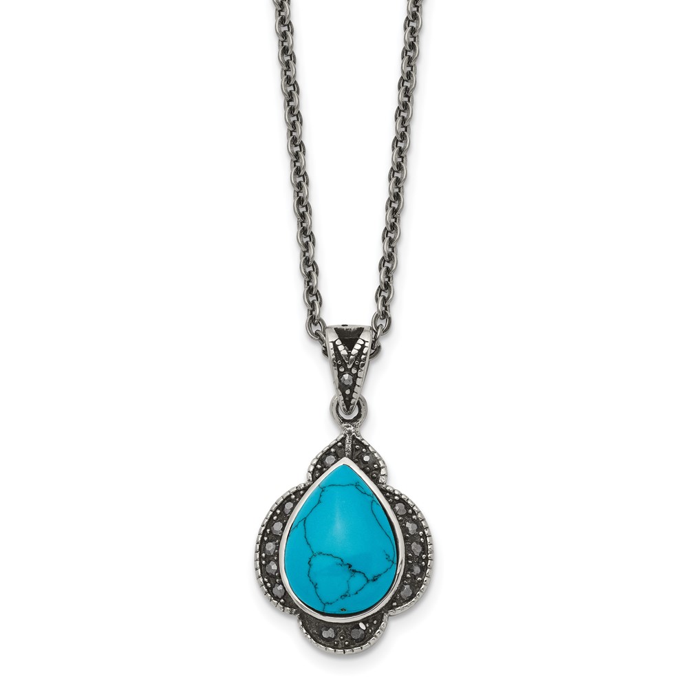 Stainless Steel Antiqued Simulated Turquoise Marcasite 18in Necklace