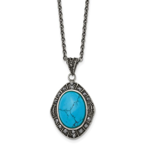 Stainless Steel Antiqued Simulated Turquoise Marcasite Necklace, 18"