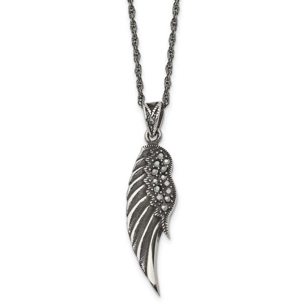 Stainless Steel Antiqued and Polished w/Marcasite Wing 20in Necklace
