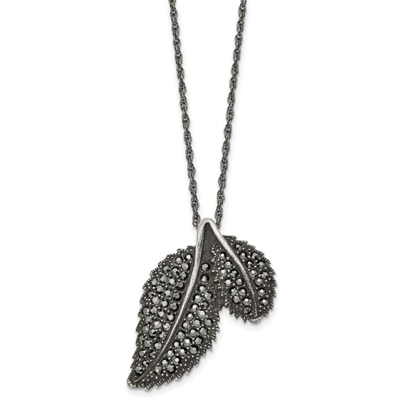 Stainless Steel Antiqued and Polished w/Marcasite Leaf 20in Necklace