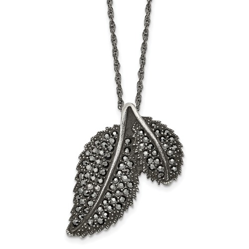Stainless Steel Antiqued and Polished Necklace with Marcasite Leaf, 20"