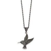 Chisel Stainless Steel Antiqued and Polished Necklace with Marcasite Hummingbird Pendant on an Singapore Chain, 18" view 3