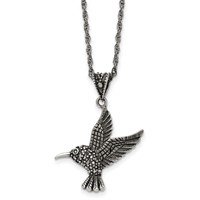 Chisel Stainless Steel Antiqued and Polished Necklace with Marcasite Hummingbird Pendant on an Singapore Chain, 18" view 1
