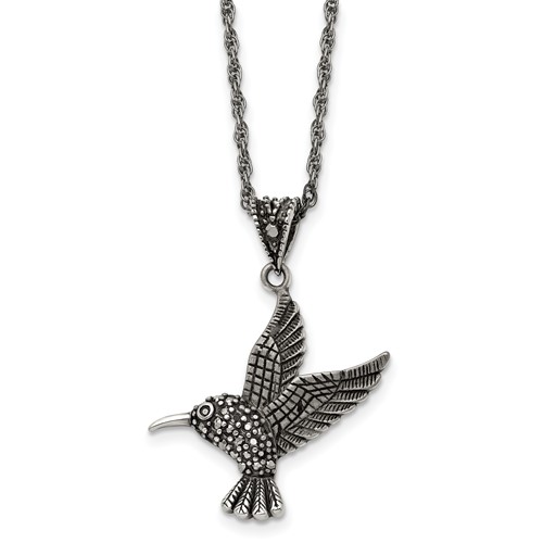 Chisel Stainless Steel Antiqued and Polished Necklace with Marcasite Hummingbird Pendant on an Singapore Chain, 18"