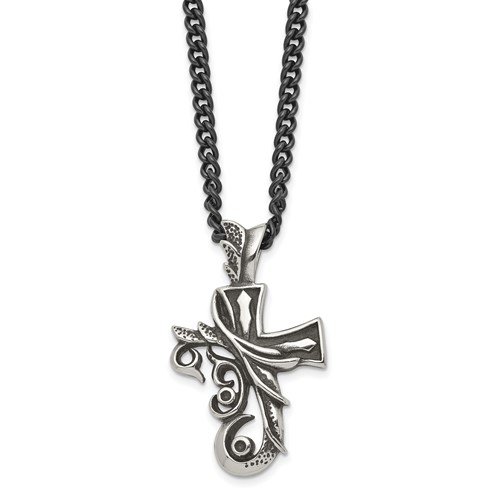 Chisel Stainless Steel Antiqued and Polished Fancy Cross Pendnat on a Curb Chain Necklace, 20"