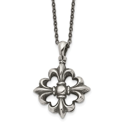 Stainless Steel Antiqued and Polished Fleur De Lis Necklace, 18"