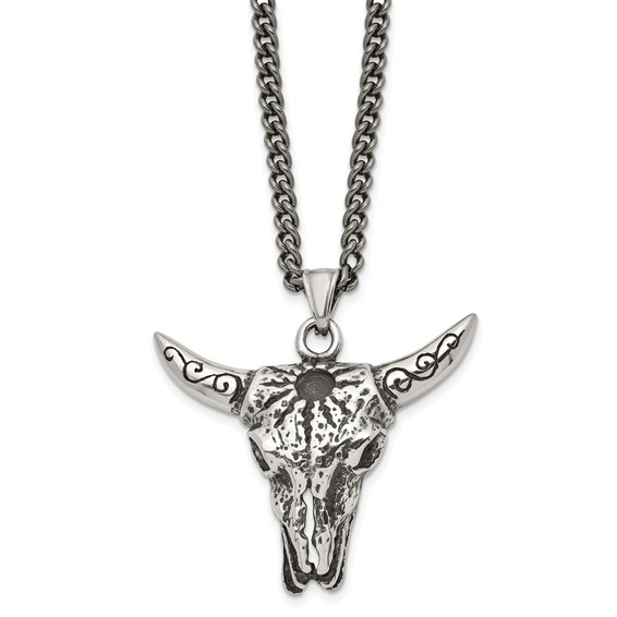 Chisel Stainless Steel Antiqued Polished and Textured Bull Skull Pendant on a 20 inch Curb Chain Necklace