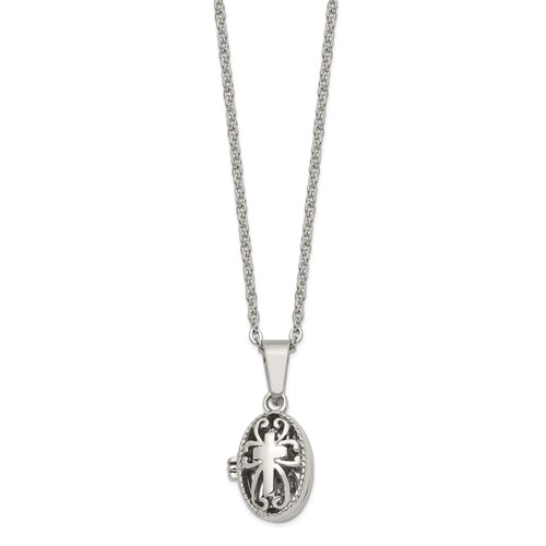 Chisel Stainless Steel Polished and Antiqued Oval Magnetic Prayer Box on an Cable Chain Necklace, 18"