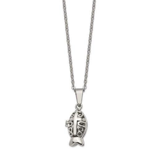 Chisel Stainless Steel Polished and Antiqued Magnetic Fish Prayer Box on an Cable Chain Necklace, 18"