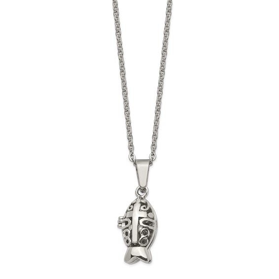 Chisel Stainless Steel Polished and Antiqued Magnetic Fish Prayer Box on an 18 inch Cable Chain Necklace