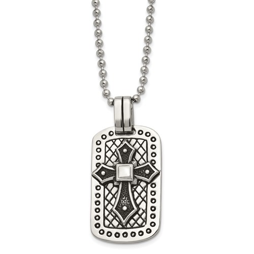 Stainless Steel Antiqued and Polished Cross Dog Tag Necklace, 22"