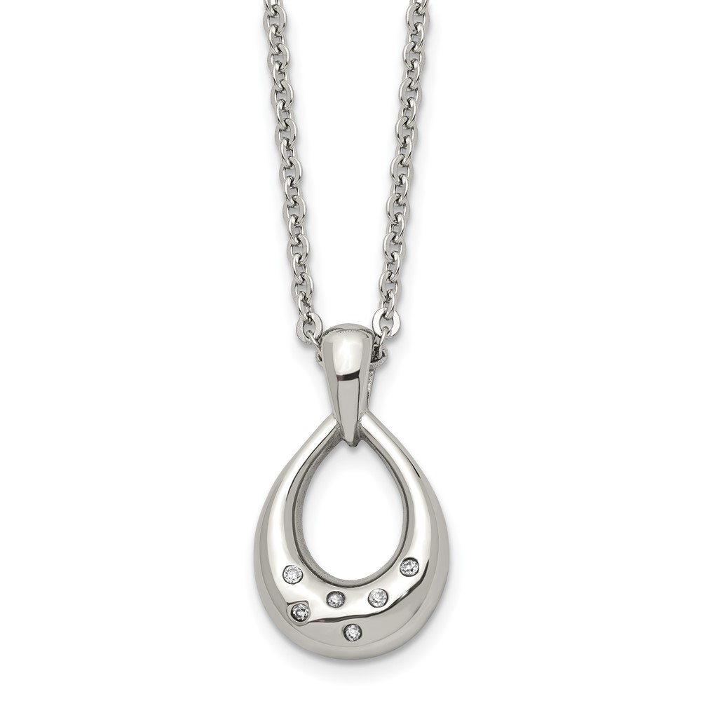 Stainless Steel Polished Necklace with CZ Teardrop, 18"