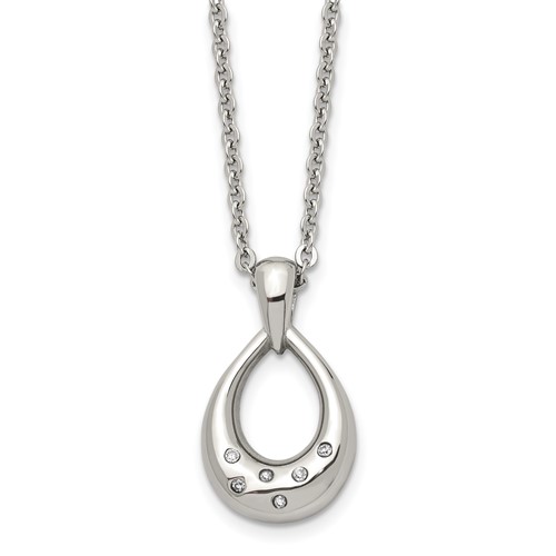 Stainless Steel Polished Necklace with CZ Teardrop, 18"