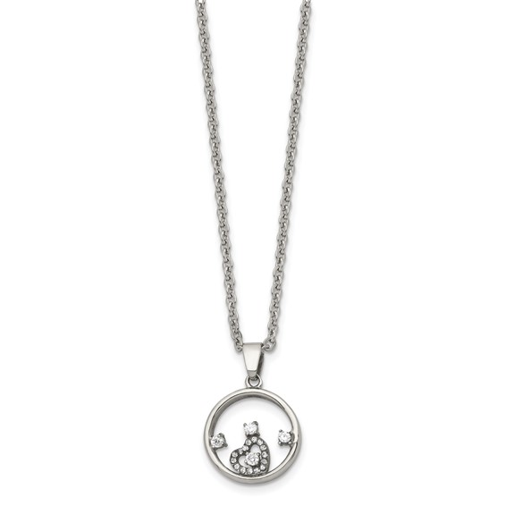Chisel Stainless Steel Polished Circle with CZ and Heart Pendant on an 18 inch Cable Chain Necklace