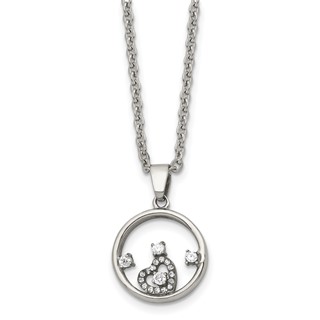 Chisel Stainless Steel Polished Circle with CZ and Heart Pendant on an 18 inch Cable Chain Necklace