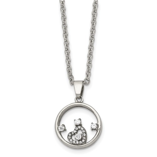 Chisel Stainless Steel Polished Circle Necklace with CZ and Heart Pendant on an Cable Chain, 18"