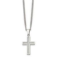 Chisel Stainless Steel Polished Necklace with Grey Carbon Fiber Inlay Small Cross Pendant on a Curb Chain, 20" view 3