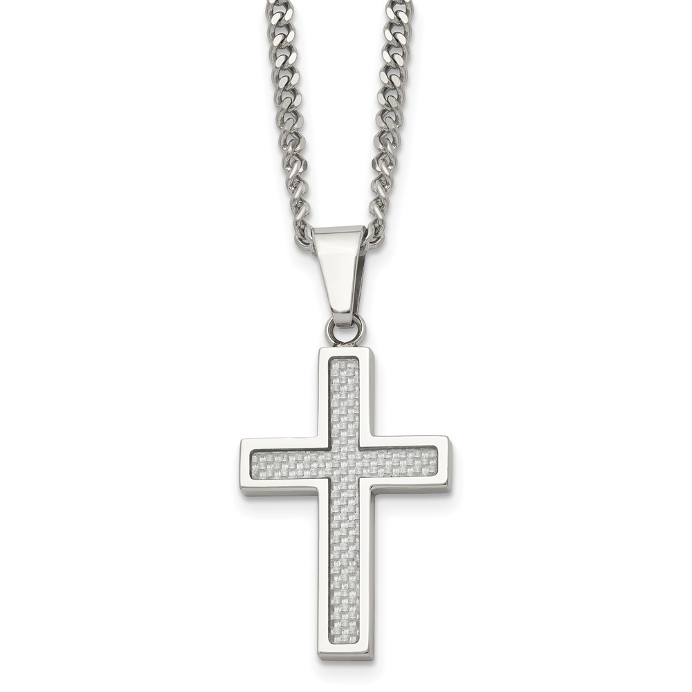 Stainless Steel Polished w/Grey Carbon Fiber Inlay Small Cross Necklace