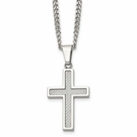 Chisel Stainless Steel Polished Necklace with Grey Carbon Fiber Inlay Small Cross Pendant on a Curb Chain, 20" view 1