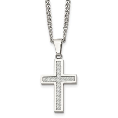 Chisel Stainless Steel Polished Necklace with Grey Carbon Fiber Inlay Small Cross Pendant on a Curb Chain, 20"