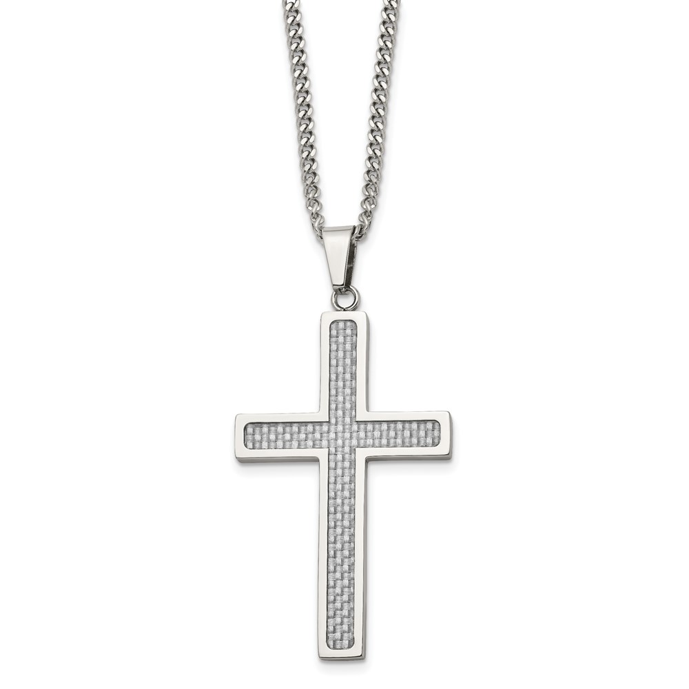 Stainless Steel Polished Grey Carbon Fiber Inlay Large Cross 20in Necklace
