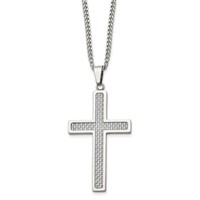 Chisel Stainless Steel Polished Necklace with Grey Carbon Fiber Inlay Large Cross Pendant on a Curb Chain, 20" view 1